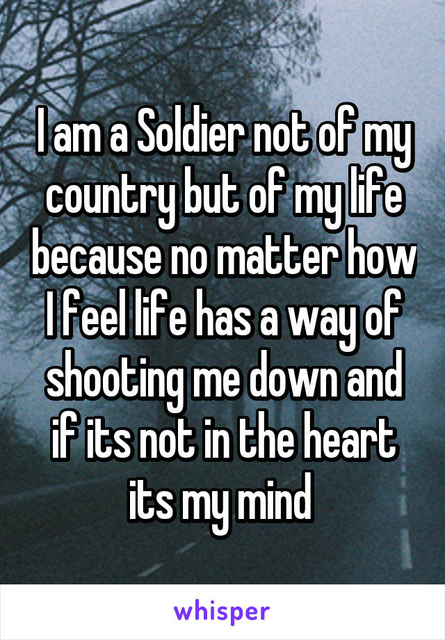 I am a Soldier not of my country but of my life because no matter how I feel life has a way of shooting me down and if its not in the heart its my mind 