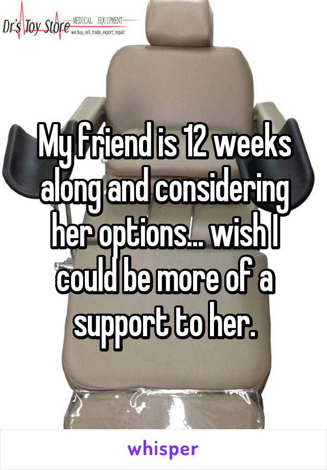 My friend is 12 weeks along and considering her options... wish I could be more of a support to her.