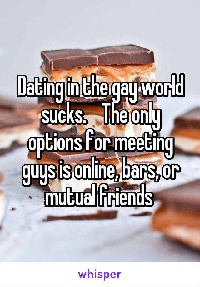 Dating in the gay world sucks.    The only options for meeting guys is online, bars, or mutual friends 