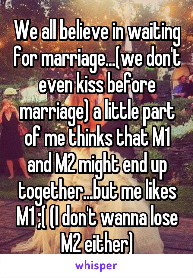 We all believe in waiting for marriage...(we don't even kiss before marriage) a little part of me thinks that M1 and M2 might end up together...but me likes M1 ;( (I don't wanna lose M2 either)