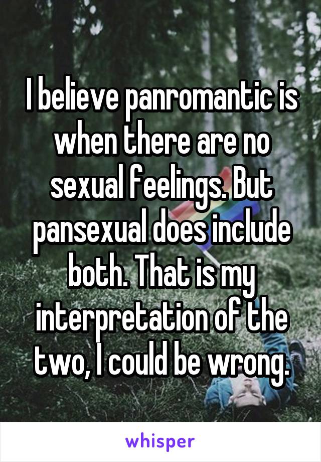 I believe panromantic is when there are no sexual feelings. But pansexual does include both. That is my interpretation of the two, I could be wrong.