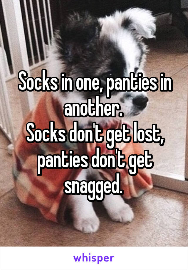 Socks in one, panties in another. 
Socks don't get lost, panties don't get snagged. 