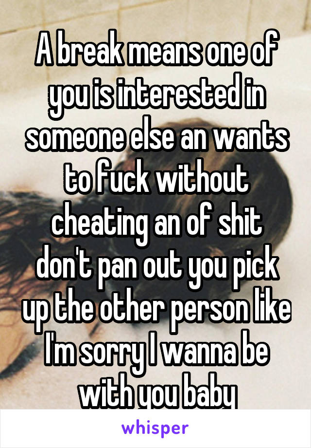 A break means one of you is interested in someone else an wants to fuck without cheating an of shit don't pan out you pick up the other person like I'm sorry I wanna be with you baby