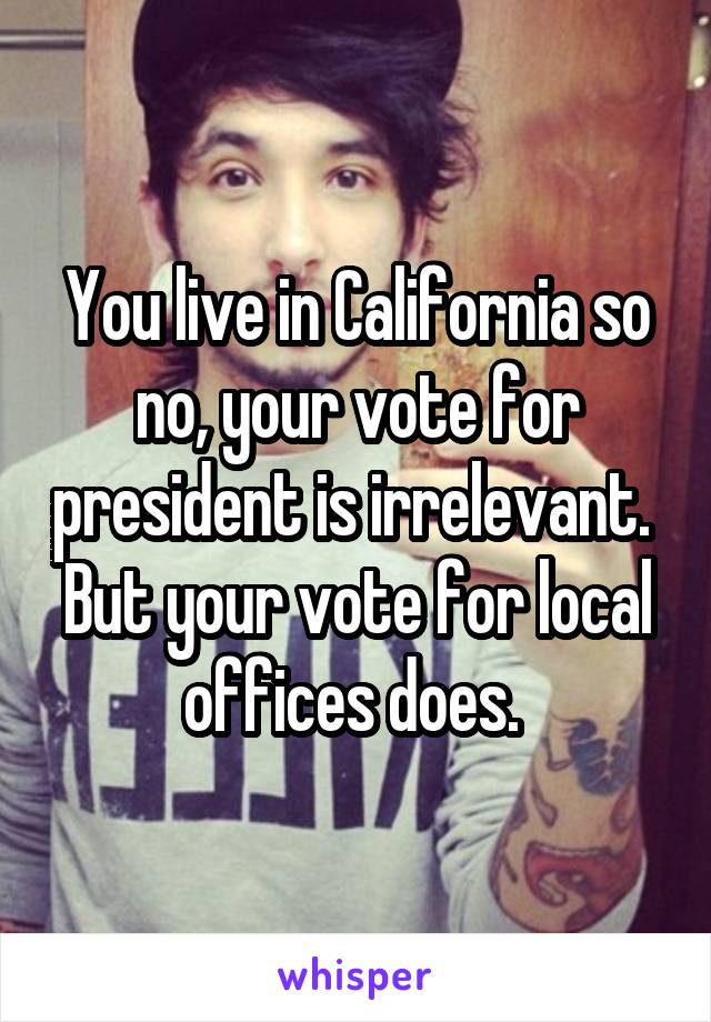 You live in California so no, your vote for president is irrelevant. 
But your vote for local offices does. 