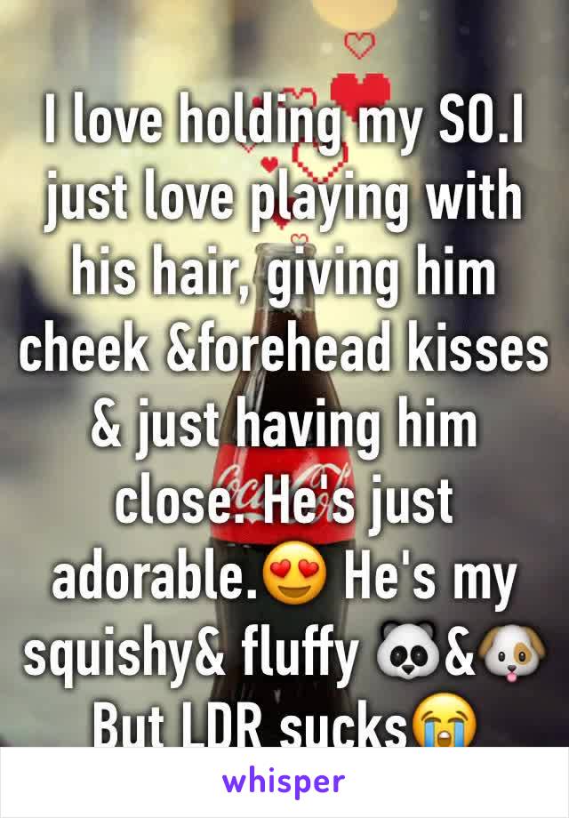 I love holding my SO.I just love playing with his hair, giving him cheek &forehead kisses & just having him close. He's just adorable.😍 He's my squishy& fluffy 🐼&🐶
But LDR sucks😭