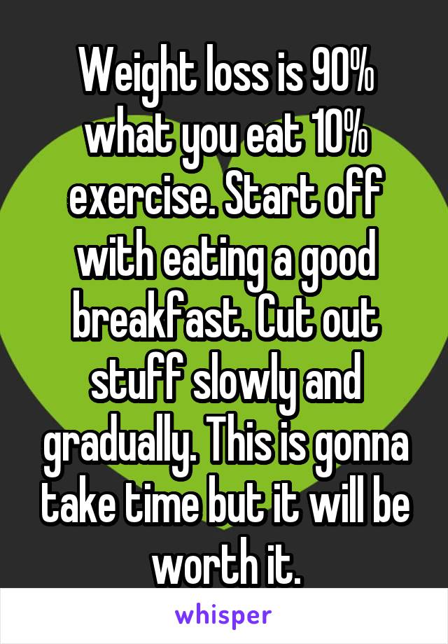 Weight loss is 90% what you eat 10% exercise. Start off with eating a good breakfast. Cut out stuff slowly and gradually. This is gonna take time but it will be worth it.
