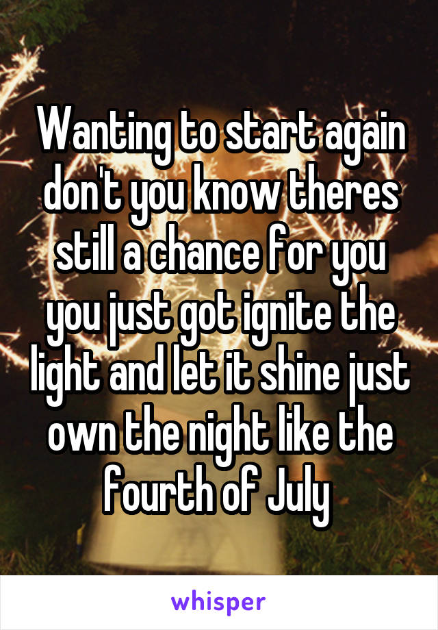 Wanting to start again don't you know theres still a chance for you you just got ignite the light and let it shine just own the night like the fourth of July 