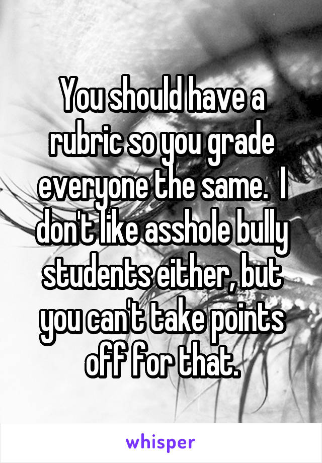 You should have a rubric so you grade everyone the same.  I don't like asshole bully students either, but you can't take points off for that.