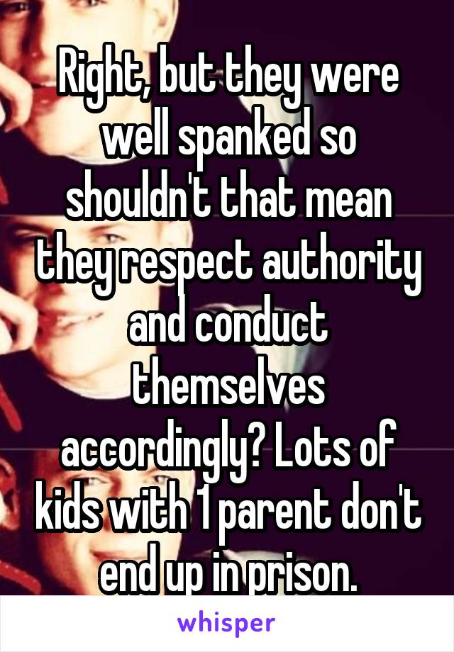 Right, but they were well spanked so shouldn't that mean they respect authority and conduct themselves accordingly? Lots of kids with 1 parent don't end up in prison.