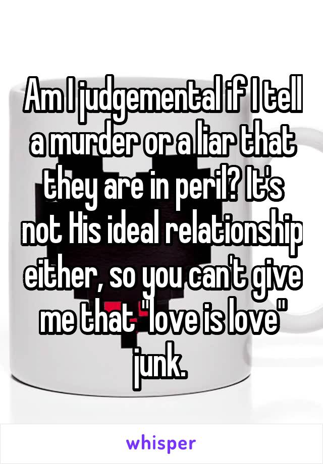 Am I judgemental if I tell a murder or a liar that they are in peril? It's not His ideal relationship either, so you can't give me that "love is love" junk. 