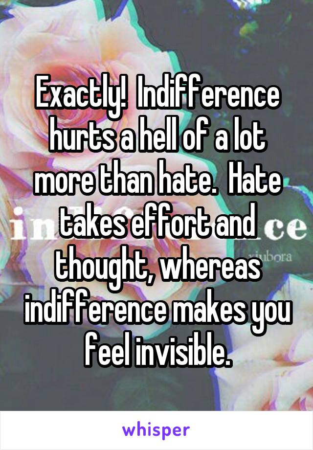 Exactly!  Indifference hurts a hell of a lot more than hate.  Hate takes effort and thought, whereas indifference makes you feel invisible.