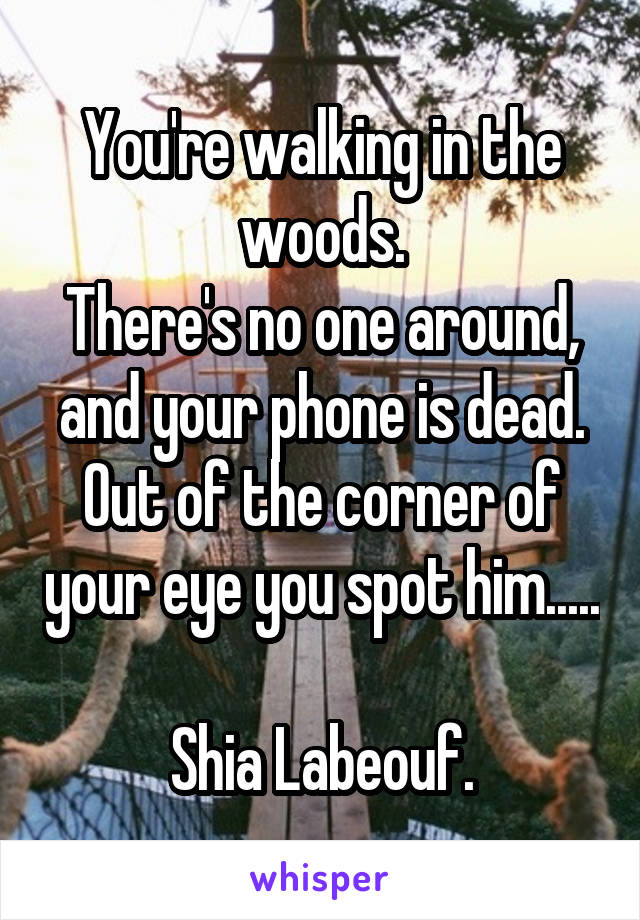 You're walking in the woods.
There's no one around, and your phone is dead.
Out of the corner of your eye you spot him..... 
Shia Labeouf.
