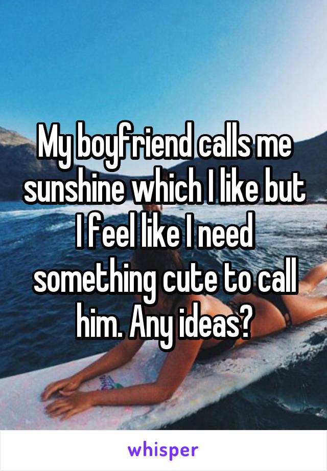My boyfriend calls me sunshine which I like but I feel like I need something cute to call him. Any ideas?