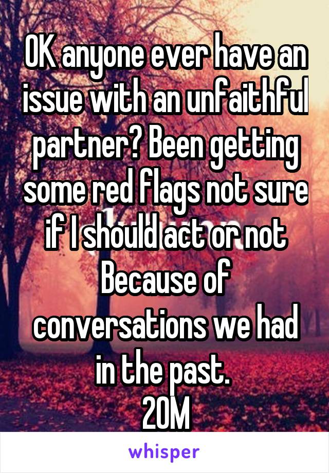 OK anyone ever have an issue with an unfaithful partner? Been getting some red flags not sure if I should act or not
Because of conversations we had in the past. 
20M