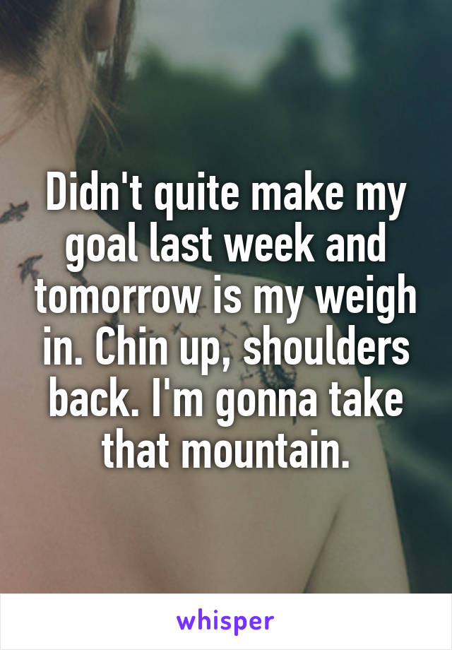 Didn't quite make my goal last week and tomorrow is my weigh in. Chin up, shoulders back. I'm gonna take that mountain.
