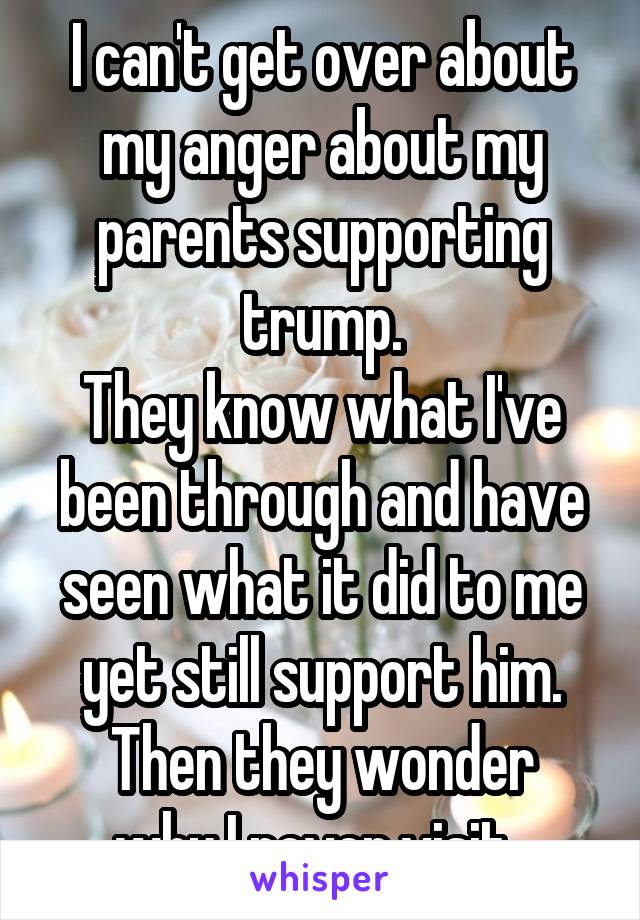 I can't get over about my anger about my parents supporting trump.
They know what I've been through and have seen what it did to me yet still support him.
Then they wonder why I never visit. 