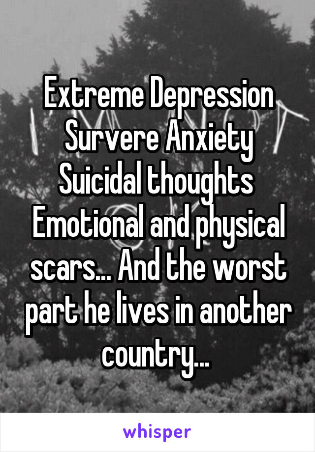 Extreme Depression
Survere Anxiety
Suicidal thoughts 
Emotional and physical scars... And the worst part he lives in another country... 
