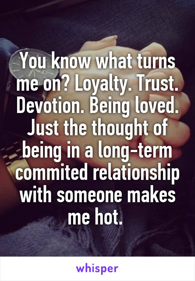 You know what turns me on? Loyalty. Trust. Devotion. Being loved. Just the thought of being in a long-term commited relationship with someone makes me hot. 