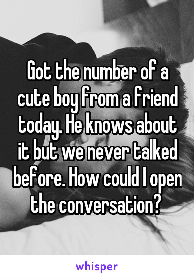 Got the number of a cute boy from a friend today. He knows about it but we never talked before. How could I open the conversation? 