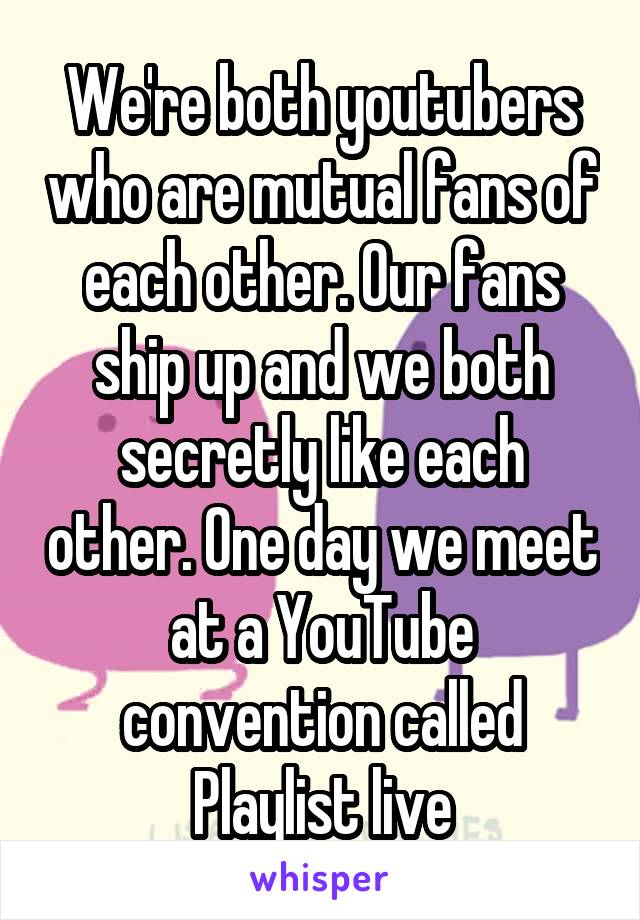 We're both youtubers who are mutual fans of each other. Our fans ship up and we both secretly like each other. One day we meet at a YouTube convention called Playlist live