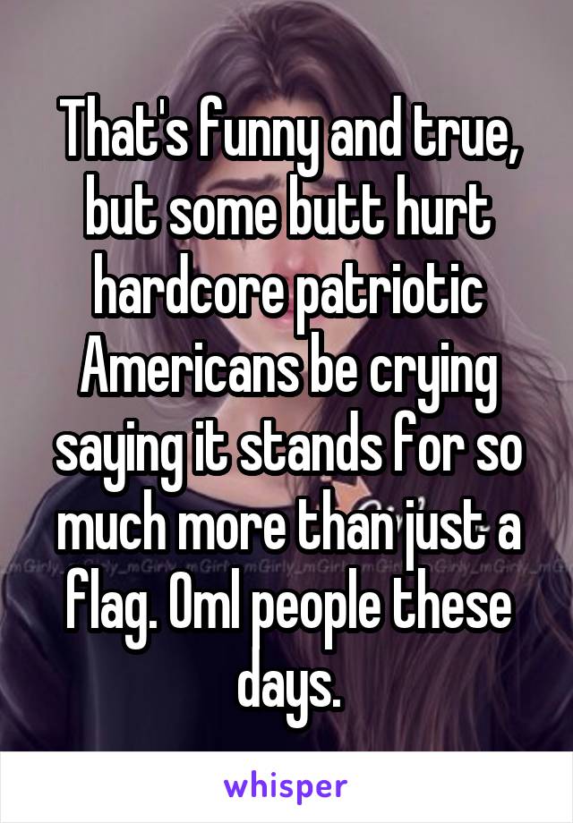 That's funny and true, but some butt hurt hardcore patriotic Americans be crying saying it stands for so much more than just a flag. Oml people these days.