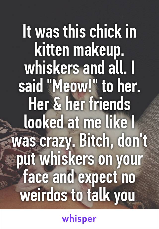 It was this chick in kitten makeup. whiskers and all. I said "Meow!" to her. Her & her friends looked at me like I was crazy. Bitch, don't put whiskers on your face and expect no weirdos to talk you 
