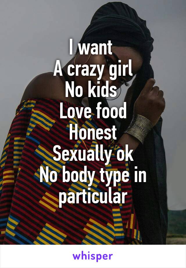 I want 
A crazy girl
No kids 
Love food
Honest
Sexually ok
No body type in particular
