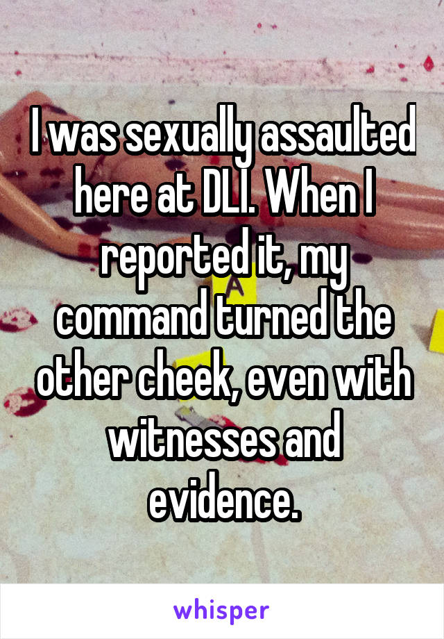 I was sexually assaulted here at DLI. When I reported it, my command turned the other cheek, even with witnesses and evidence.