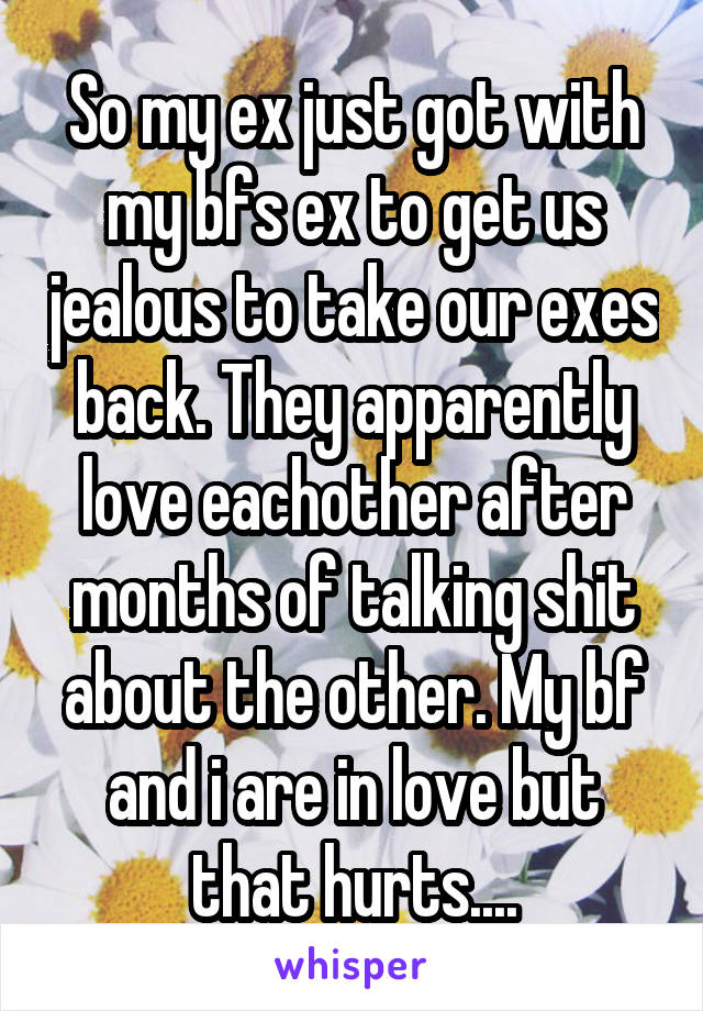 So my ex just got with my bfs ex to get us jealous to take our exes back. They apparently love eachother after months of talking shit about the other. My bf and i are in love but that hurts....