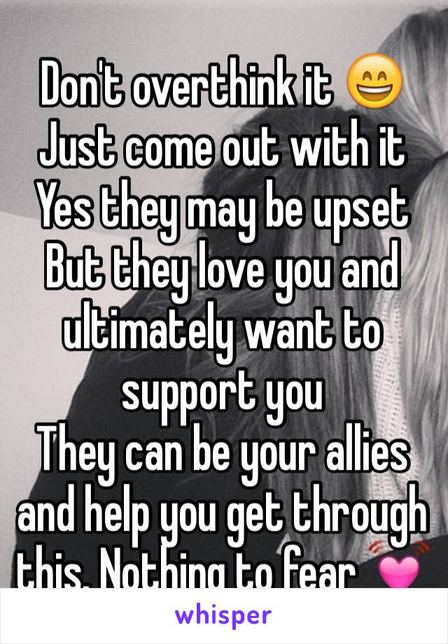 Don't overthink it 😄
Just come out with it 
Yes they may be upset
But they love you and ultimately want to support you 
They can be your allies and help you get through this. Nothing to fear 💓 