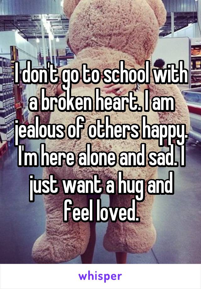 I don't go to school with a broken heart. I am jealous of others happy. I'm here alone and sad. I just want a hug and feel loved.