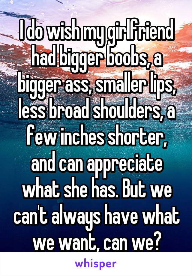 I do wish my girlfriend had bigger boobs, a bigger ass, smaller lips, less broad shoulders, a few inches shorter, and can appreciate what she has. But we can't always have what we want, can we?