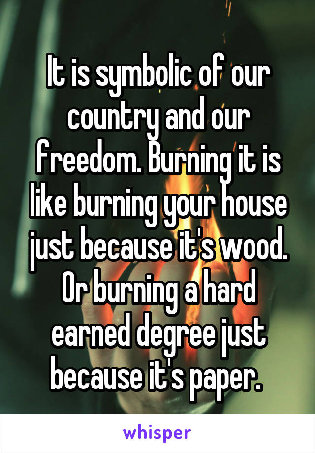 It is symbolic of our country and our freedom. Burning it is like burning your house just because it's wood. Or burning a hard earned degree just because it's paper. 