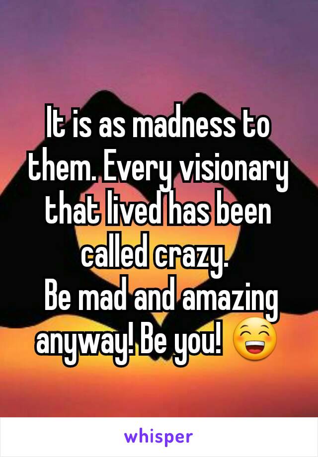 It is as madness to them. Every visionary that lived has been called crazy. 
 Be mad and amazing anyway! Be you! 😁
