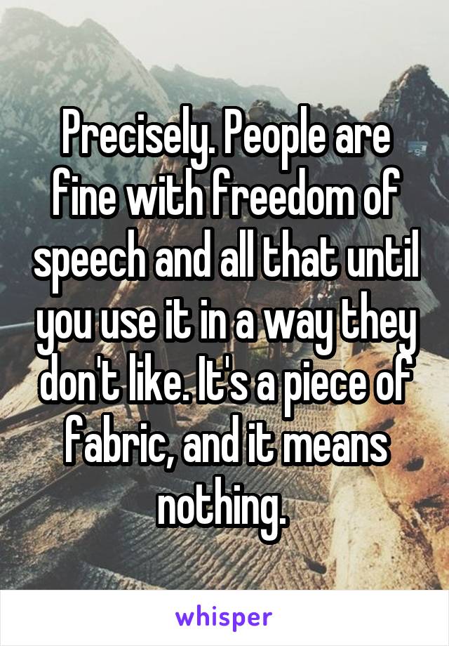 Precisely. People are fine with freedom of speech and all that until you use it in a way they don't like. It's a piece of fabric, and it means nothing. 