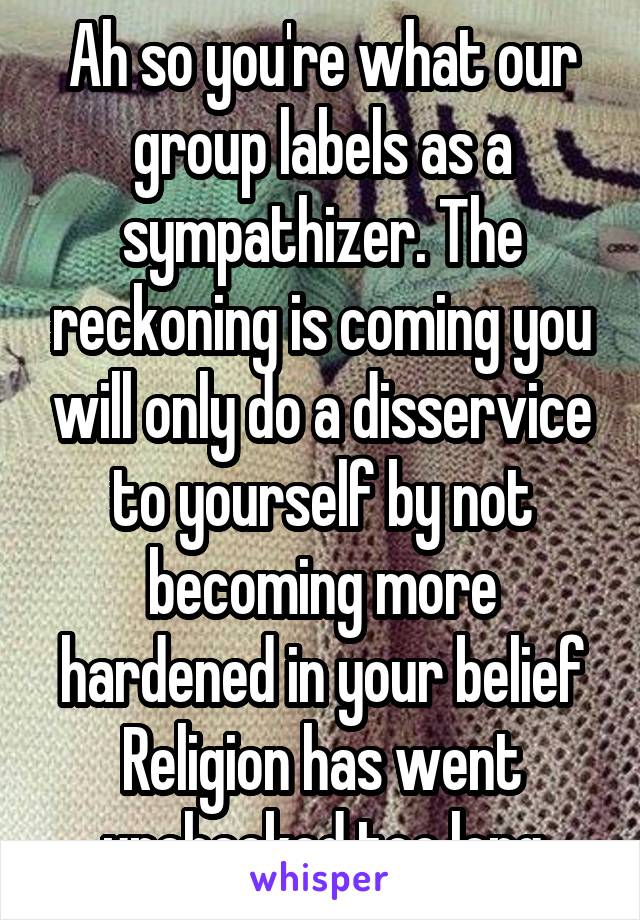 Ah so you're what our group labels as a sympathizer. The reckoning is coming you will only do a disservice to yourself by not becoming more hardened in your belief Religion has went unchecked too long