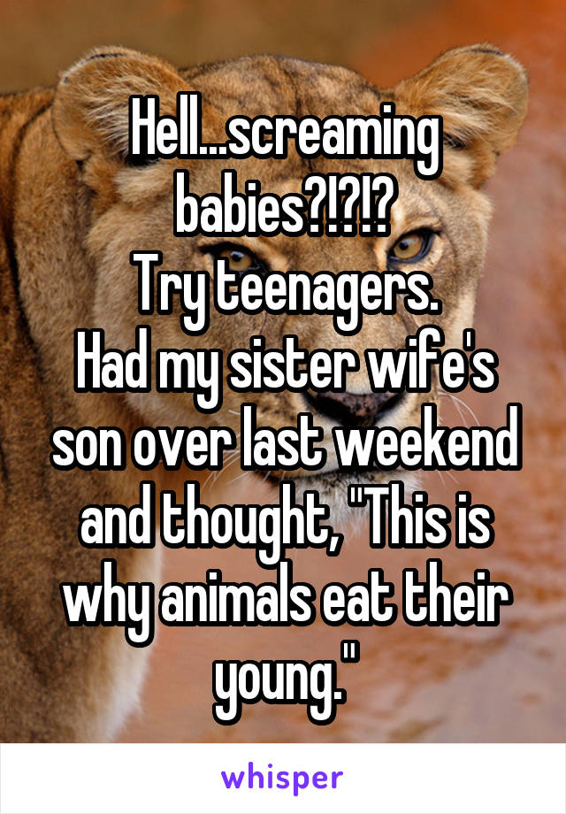 Hell...screaming babies?!?!?
Try teenagers.
Had my sister wife's son over last weekend and thought, "This is why animals eat their young."