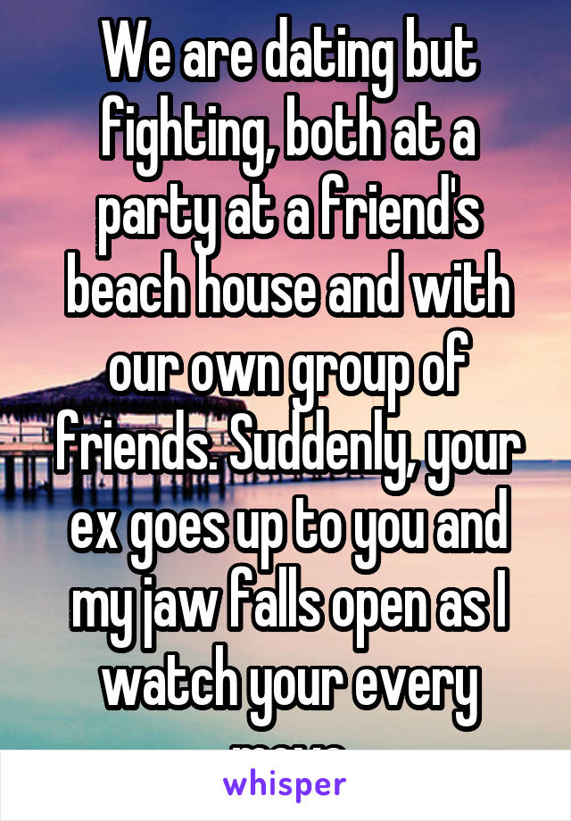 We are dating but fighting, both at a party at a friend's beach house and with our own group of friends. Suddenly, your ex goes up to you and my jaw falls open as I watch your every move