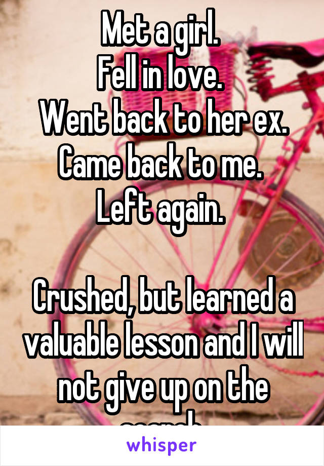 Met a girl. 
Fell in love. 
Went back to her ex.
Came back to me. 
Left again. 

Crushed, but learned a valuable lesson and I will not give up on the search.