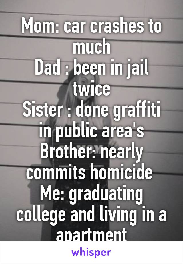 Mom: car crashes to much
Dad : been in jail twice
Sister : done graffiti in public area's
Brother: nearly commits homicide 
Me: graduating college and living in a apartment