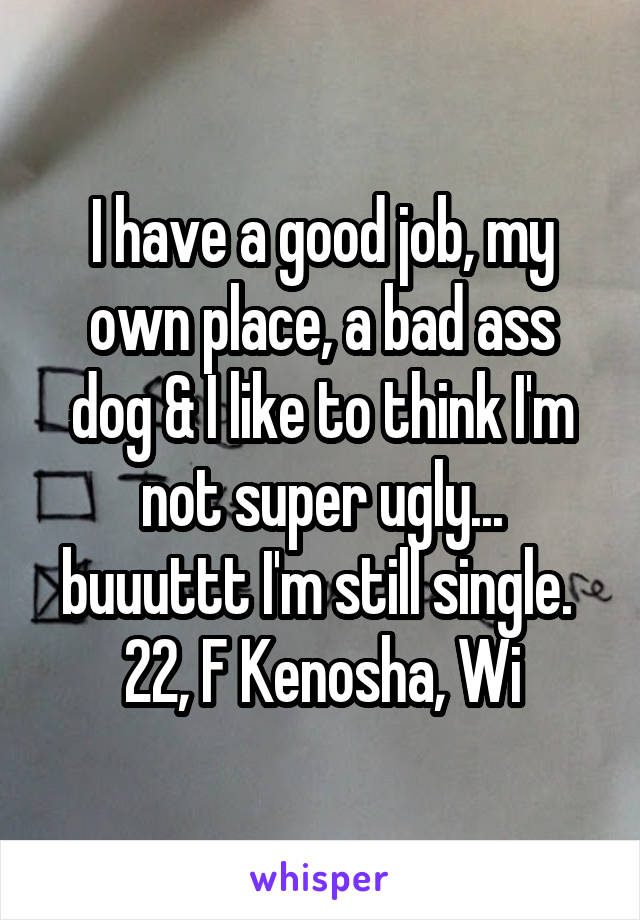 I have a good job, my own place, a bad ass dog & I like to think I'm not super ugly... buuuttt I'm still single. 
22, F Kenosha, Wi