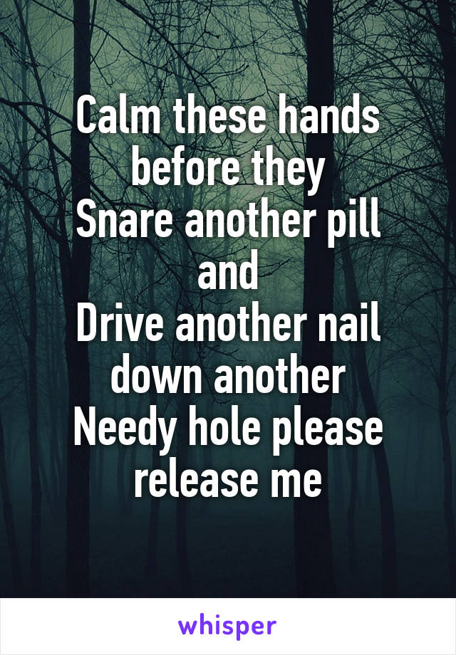 Calm these hands before they
Snare another pill and
Drive another nail down another
Needy hole please release me
