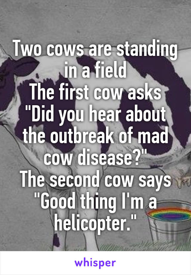 Two cows are standing in a field
The first cow asks "Did you hear about the outbreak of mad cow disease?"
The second cow says "Good thing I'm a helicopter."