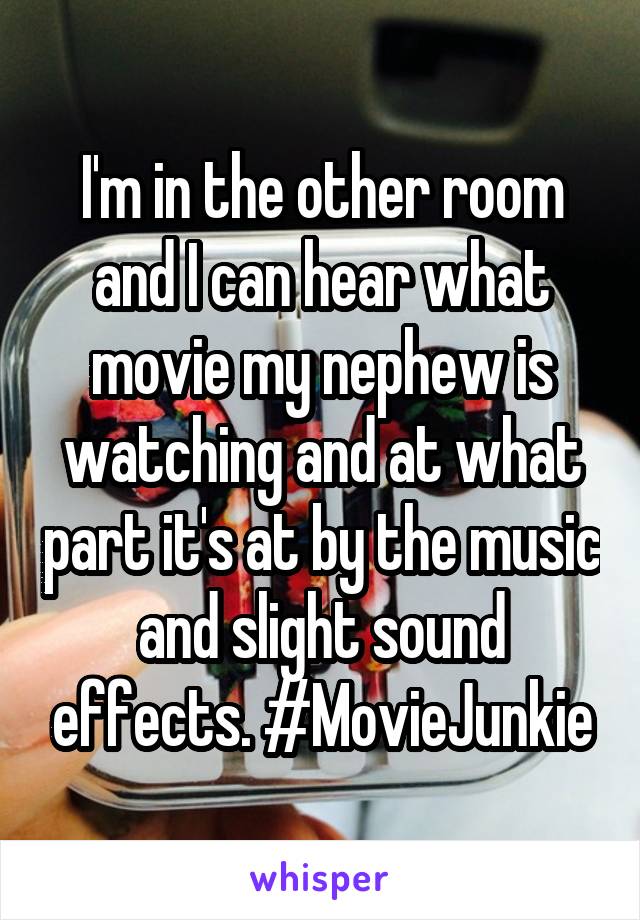 I'm in the other room and I can hear what movie my nephew is watching and at what part it's at by the music and slight sound effects. #MovieJunkie