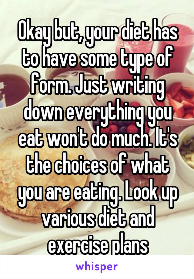 Okay but, your diet has to have some type of form. Just writing down everything you eat won't do much. It's the choices of what you are eating. Look up various diet and exercise plans