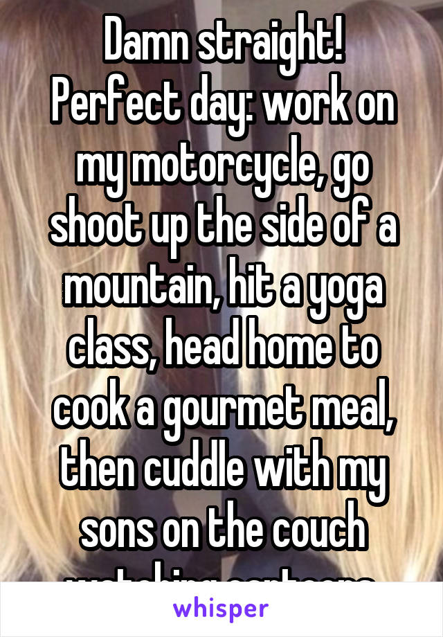 Damn straight!
Perfect day: work on my motorcycle, go shoot up the side of a mountain, hit a yoga class, head home to cook a gourmet meal, then cuddle with my sons on the couch watching cartoons.