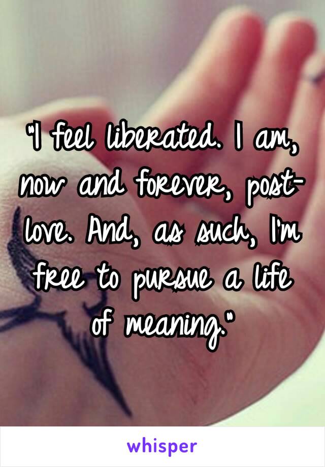 “I feel liberated. I am, now and forever, post-love. And, as such, I’m free to pursue a life of meaning.”