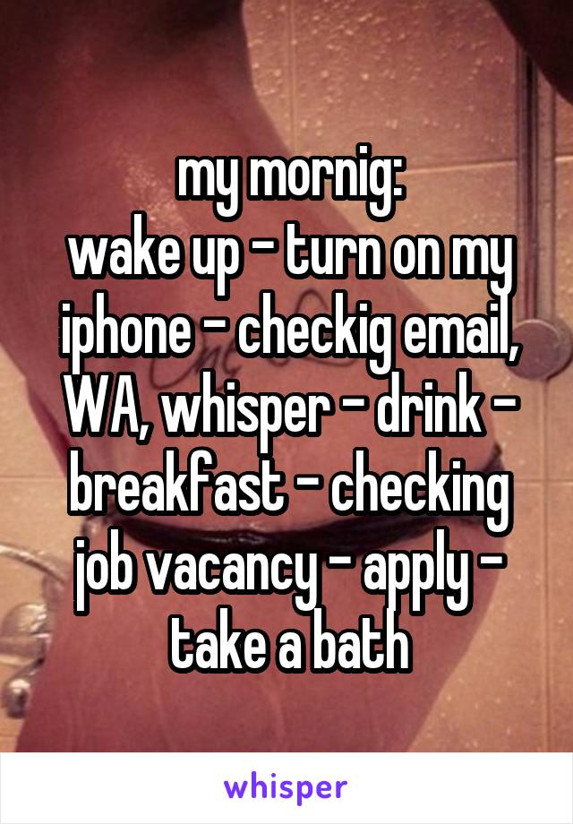 my mornig:
wake up - turn on my iphone - checkig email, WA, whisper - drink - breakfast - checking job vacancy - apply - take a bath