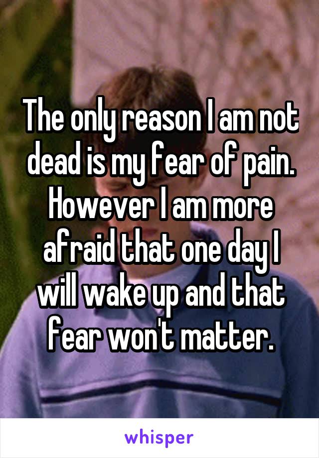 The only reason I am not dead is my fear of pain. However I am more afraid that one day I will wake up and that fear won't matter.