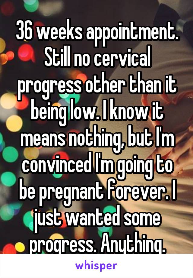 36 weeks appointment. Still no cervical progress other than it being low. I know it means nothing, but I'm convinced I'm going to be pregnant forever. I just wanted some progress. Anything.